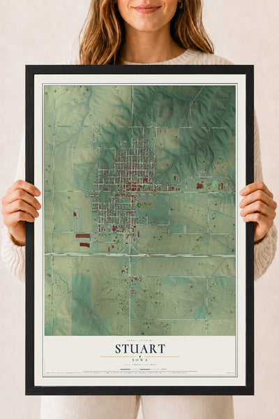 Map of Stuart, Iowa, 18 x 24 inch print in a black wood frame