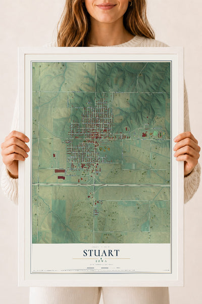 Map of Stuart, Iowa, 18 x 24 inch print in a white wood frame