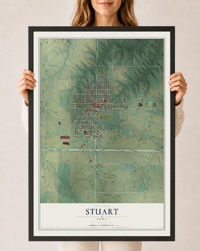 Map of Stuart, Iowa, 24 x 36 inch print in a black wood frame