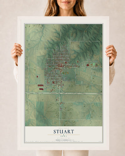 Map of Stuart, Iowa, 24 x 36 inch print in a white wood frame