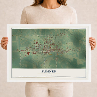 Map of Sumner, Iowa, 12 x 18 inch print in a white wood frame