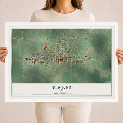 Map of Sumner, Iowa, 18 x 24 inch print in a white wood frame