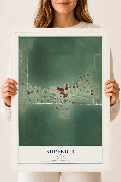 Map of Superior, Iowa, 18 x 24 inch print in a white wood frame