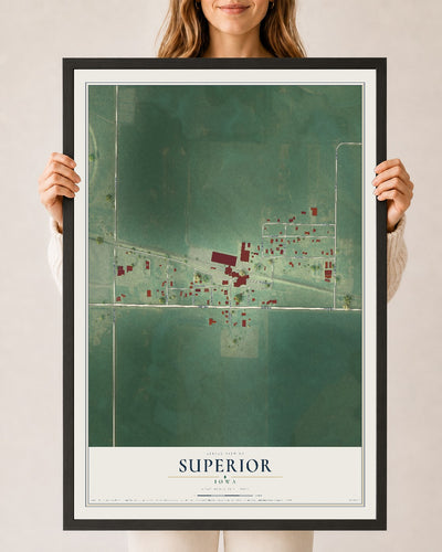 Map of Superior, Iowa, 24 x 36 inch print in a black wood frame
