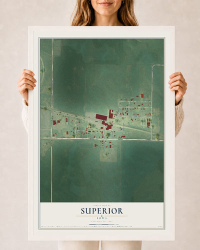 Map of Superior, Iowa, 24 x 36 inch print in a white wood frame