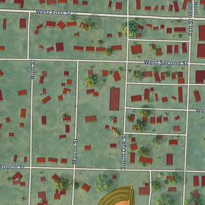 Close-up of the map of Sutherland, Iowa print showing street and building detail