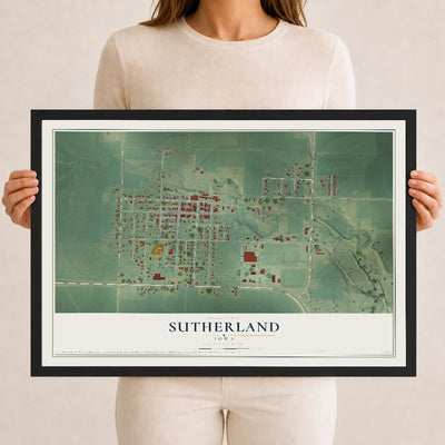 Map of Sutherland, Iowa, 12 x 18 inch print in a black wood frame