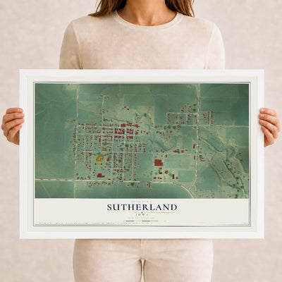 Map of Sutherland, Iowa, 12 x 18 inch print in a white wood frame