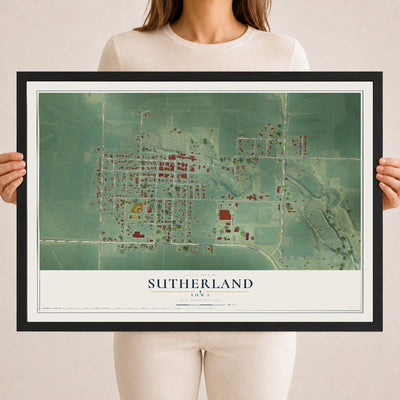 Map of Sutherland, Iowa, 18 x 24 inch print in a black wood frame