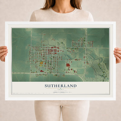 Map of Sutherland, Iowa, 18 x 24 inch print in a white wood frame
