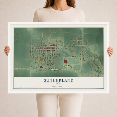 Map of Sutherland, Iowa, 24 x 36 inch print in a white wood frame