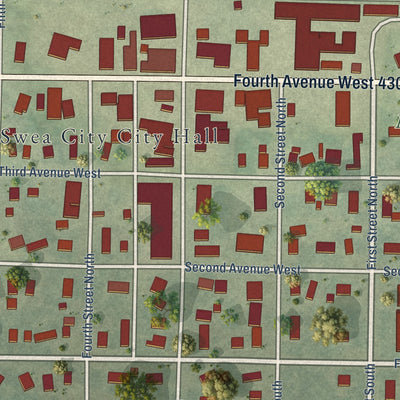 Close-up of the map of Swea City, Iowa print showing street and building detail