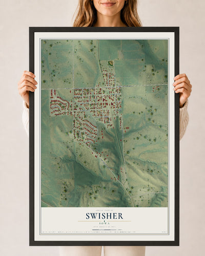 Map of Swisher, Iowa, 24 x 36 inch print in a black wood frame