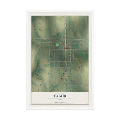 Map of Tabor, Iowa, 12 x 18 inch print in a white wood frame