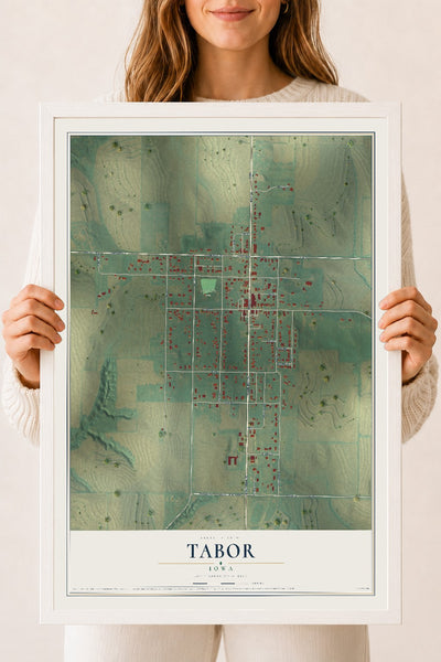 Map of Tabor, Iowa, 18 x 24 inch print in a white wood frame