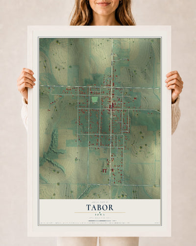 Map of Tabor, Iowa, 24 x 36 inch print in a white wood frame