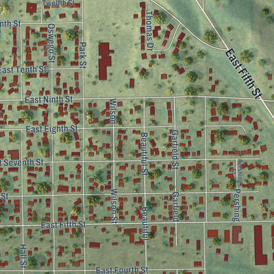 Close-up of the map of Tama, Iowa print showing street and building detail