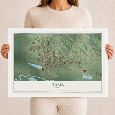 Map of Tama, Iowa, 12 x 18 inch print in a white wood frame