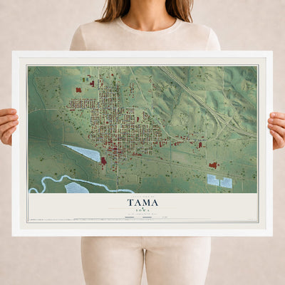 Map of Tama, Iowa, 18 x 24 inch print in a white wood frame
