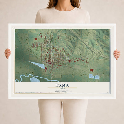 Map of Tama, Iowa, 24 x 36 inch print in a white wood frame