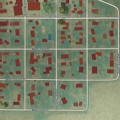 Close-up of the map of Templeton, Iowa print showing street and building detail