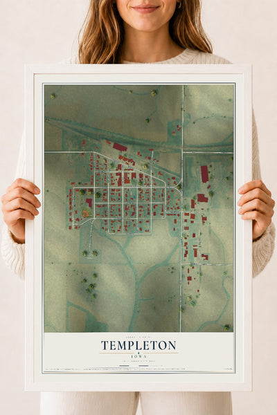 Map of Templeton, Iowa, 18 x 24 inch print in a white wood frame