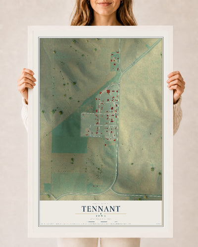 Map of Tennant, Iowa, 24 x 36 inch print in a white wood frame