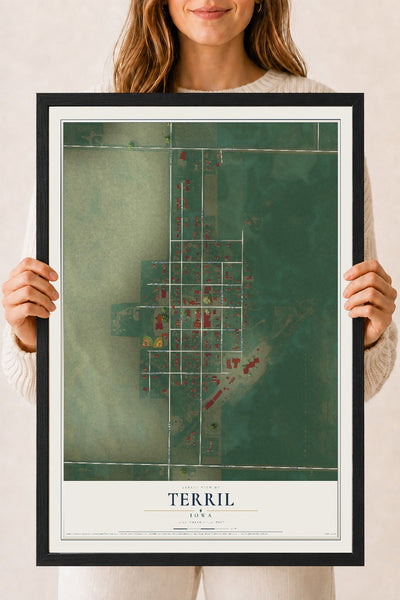 Map of Terril, Iowa, 18 x 24 inch print in a black wood frame