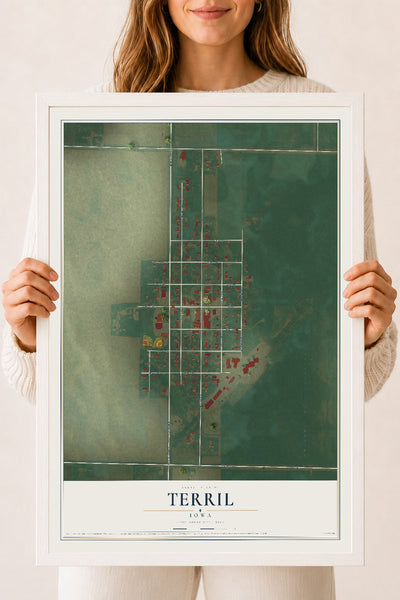 Map of Terril, Iowa, 18 x 24 inch print in a white wood frame