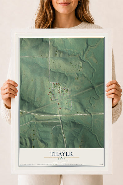Map of Thayer, Iowa, 18 x 24 inch print in a white wood frame