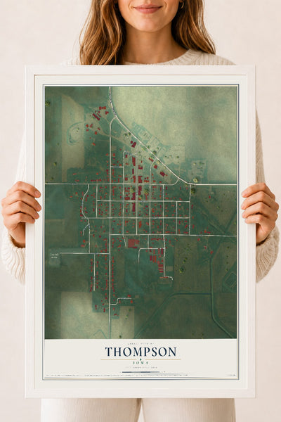 Map of Thompson, Iowa, 18 x 24 inch print in a white wood frame