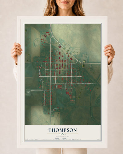 Map of Thompson, Iowa, 24 x 36 inch print in a white wood frame