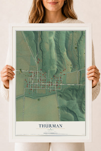 Map of Thurman, Iowa, 18 x 24 inch print in a white wood frame