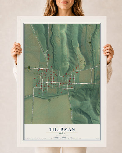 Map of Thurman, Iowa, 24 x 36 inch print in a white wood frame