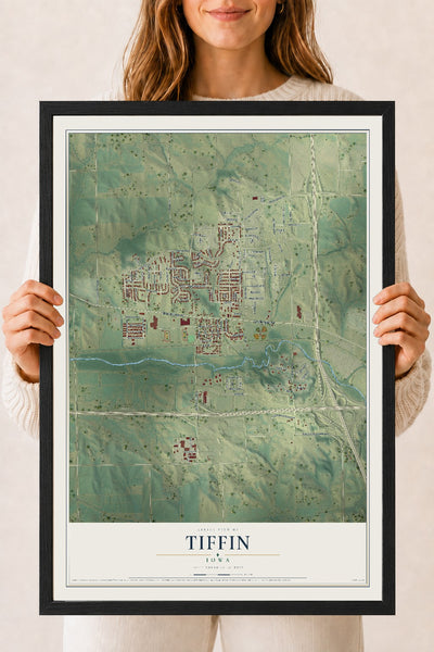Map of Tiffin, Iowa, 18 x 24 inch print in a black wood frame
