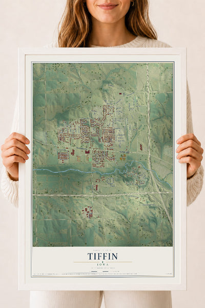 Map of Tiffin, Iowa, 18 x 24 inch print in a white wood frame