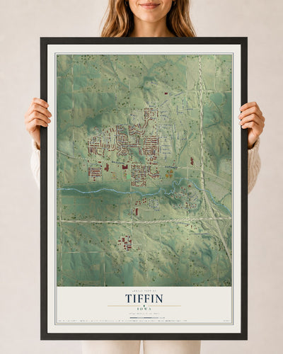 Map of Tiffin, Iowa, 24 x 36 inch print in a black wood frame