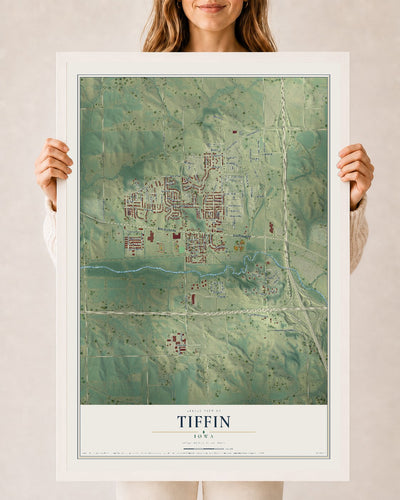 Map of Tiffin, Iowa, 24 x 36 inch print in a white wood frame