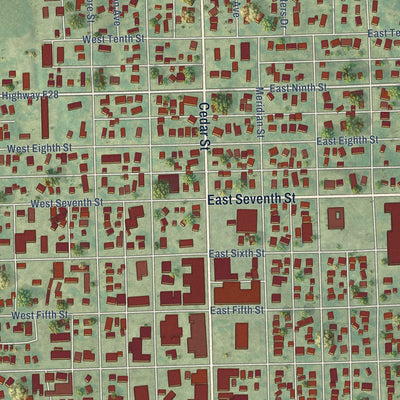 Close-up of the map of Tipton, Iowa print showing street and building detail