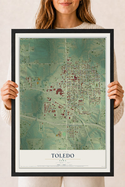Map of Toledo, Iowa, 18 x 24 inch print in a black wood frame