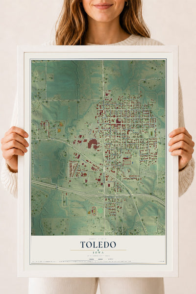 Map of Toledo, Iowa, 18 x 24 inch print in a white wood frame