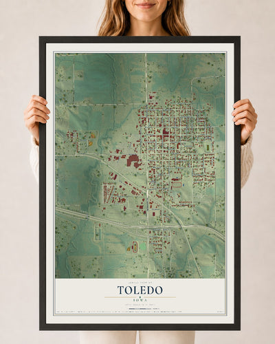 Map of Toledo, Iowa, 24 x 36 inch print in a black wood frame