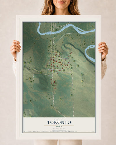 Map of Toronto, Iowa, 24 x 36 inch print in a white wood frame