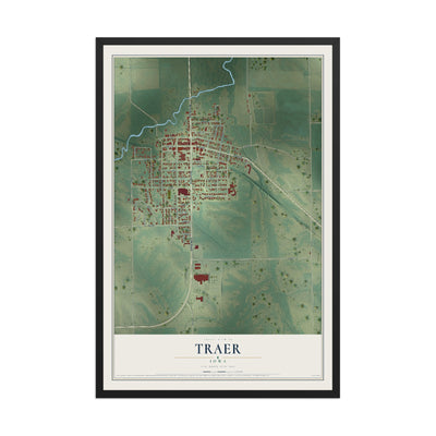 Map of Traer, Iowa, 12 x 18 inch print in a black wood frame