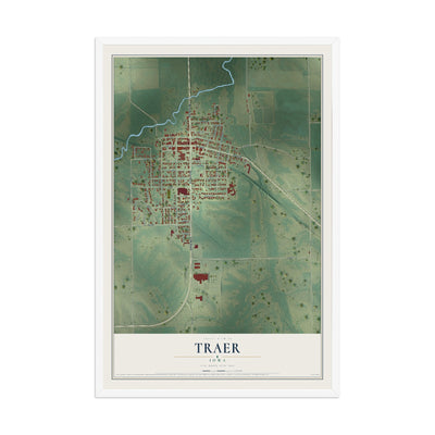 Map of Traer, Iowa, 12 x 18 inch print in a white wood frame