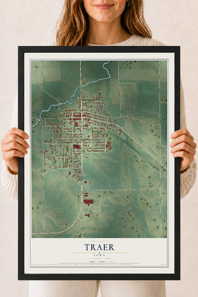 Map of Traer, Iowa, 18 x 24 inch print in a black wood frame