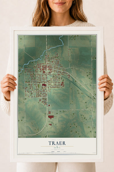 Map of Traer, Iowa, 18 x 24 inch print in a white wood frame