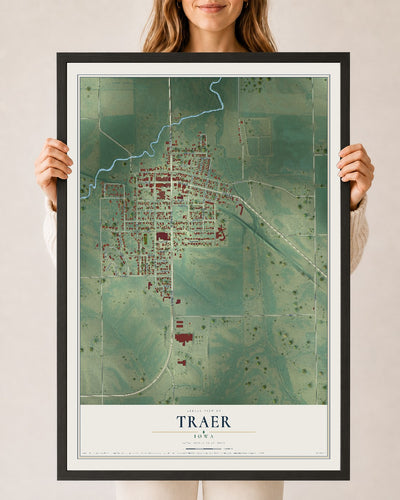 Map of Traer, Iowa, 24 x 36 inch print in a black wood frame