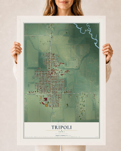 Map of Tripoli, Iowa, 24 x 36 inch print in a white wood frame
