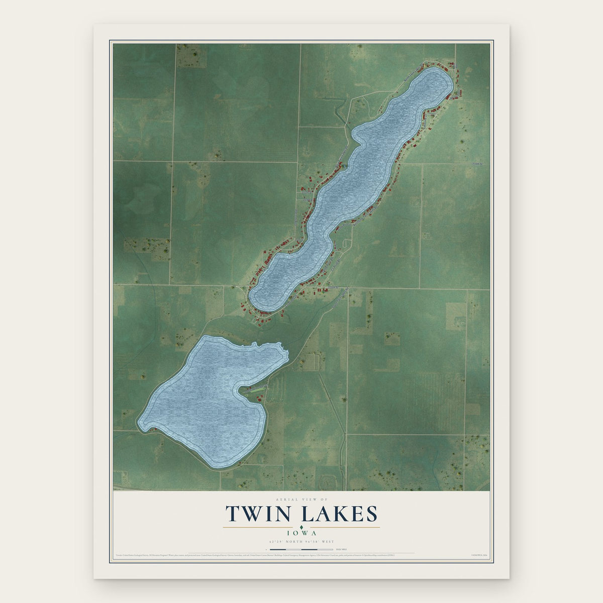 Twin Lakes, Iowa map print, the full design